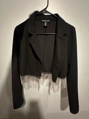 Sincerly Jules Black Cropped Blazer with Silver Fringe Trim